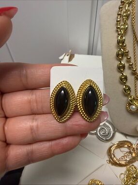 Gold-Tone Black Marquise Cabochon Clip Earrings